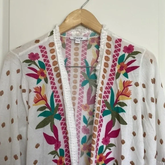 Chico’s Women’s Tropic Trim Cardigan Sweater White/Multi M - Picture 2 of 8